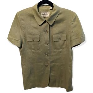 Vintage Short Sleeve Green Linen Blouse, Sz 10P